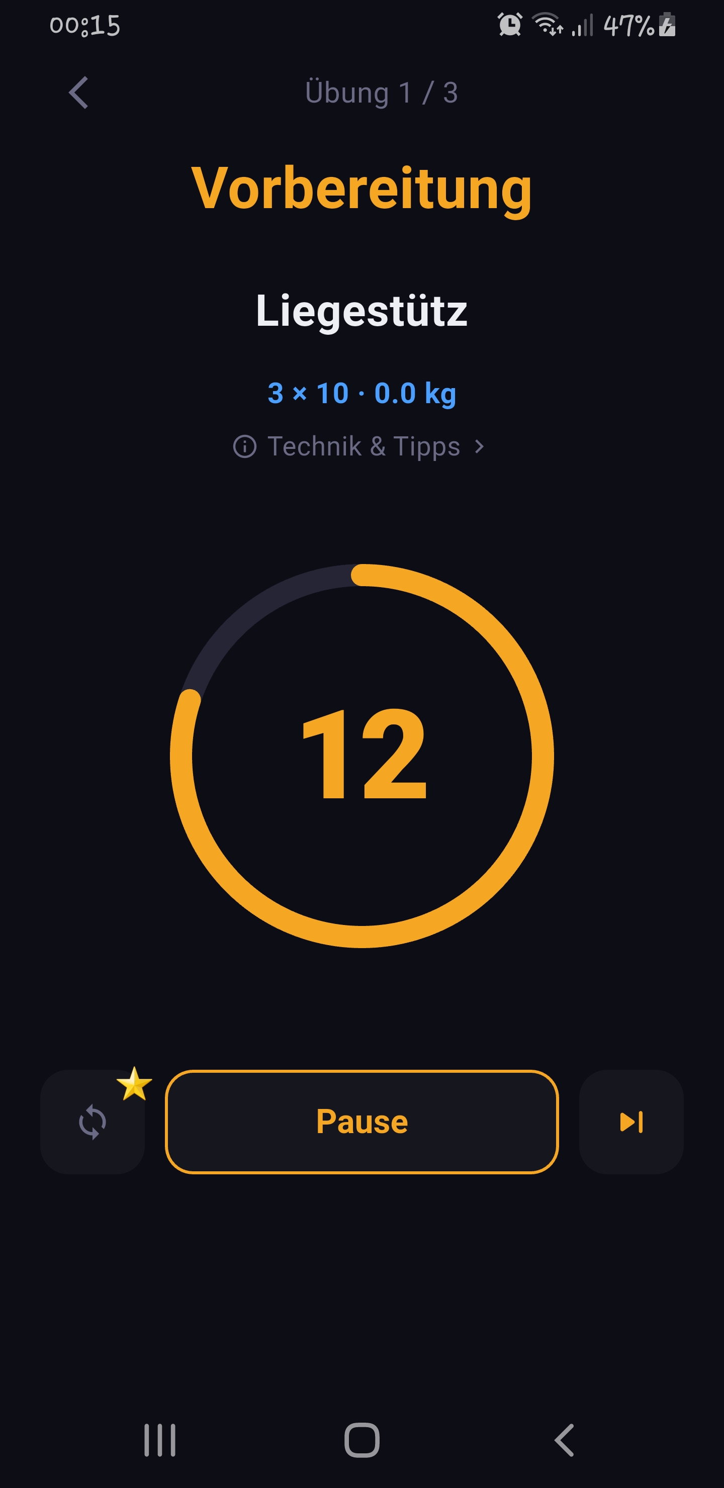 Fitence workout prepare screen with set countdown