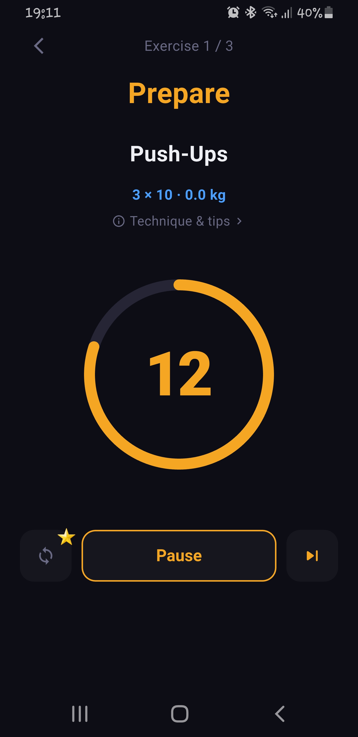Fitence workout prepare screen with set countdown