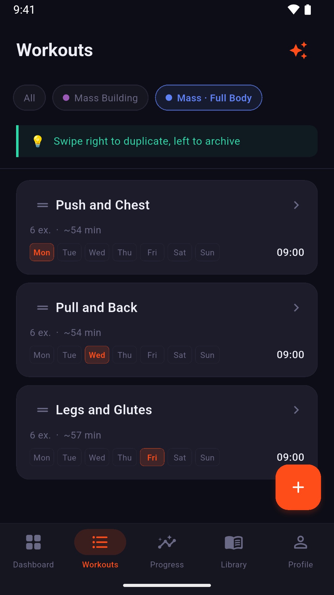 Fitence aI-built workout program split into days in the workouts list