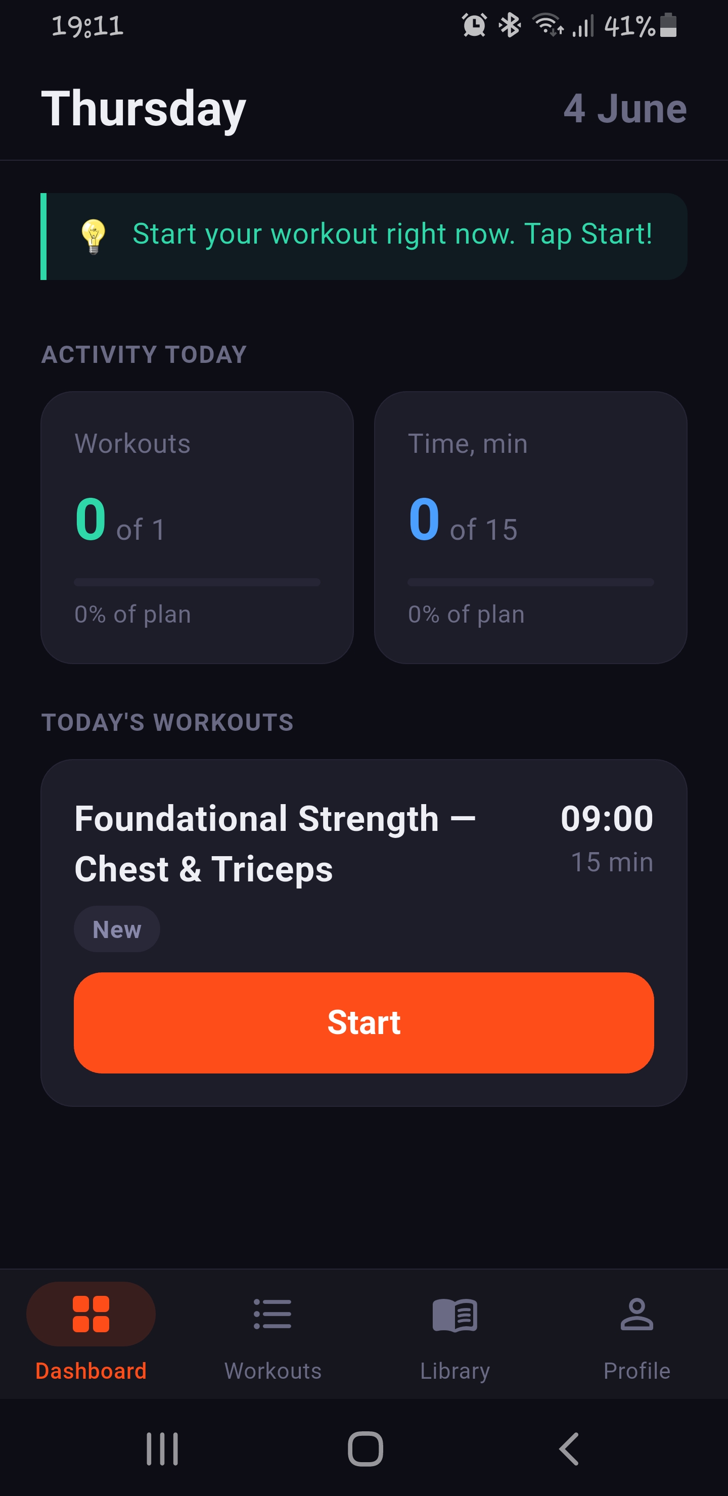 Fitence dashboard with today's workout and activity
