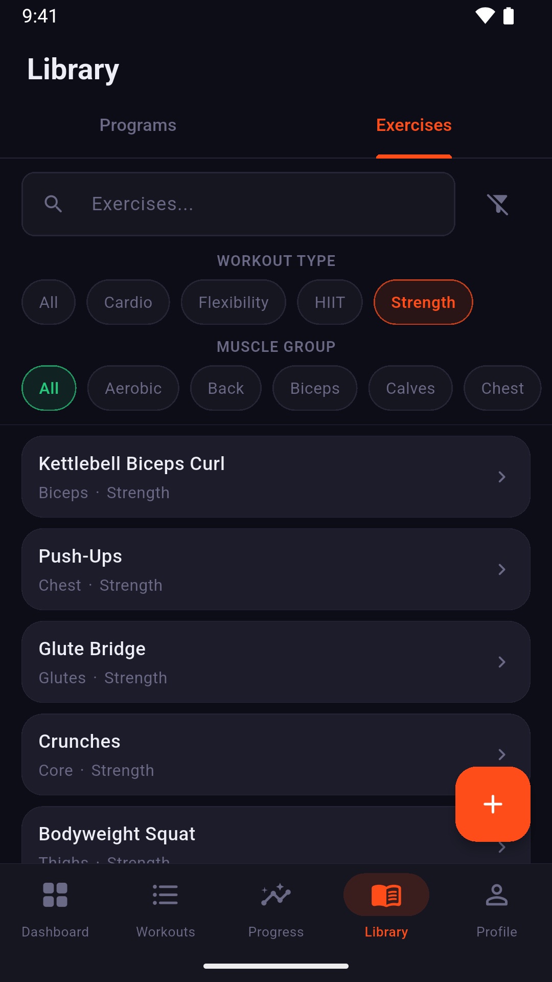 Fitence exercise library with muscle groups and filters