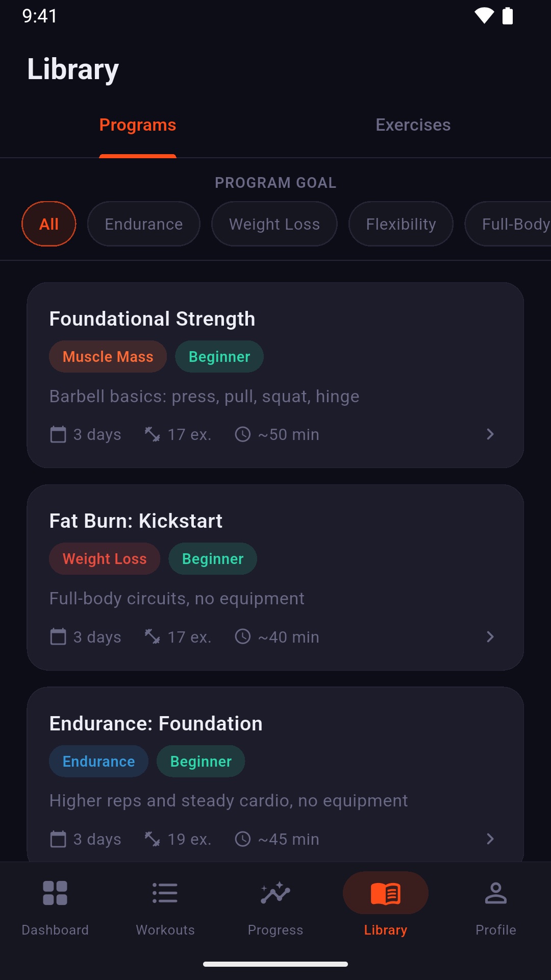 Fitence library of ready-made workout programs by goal and level