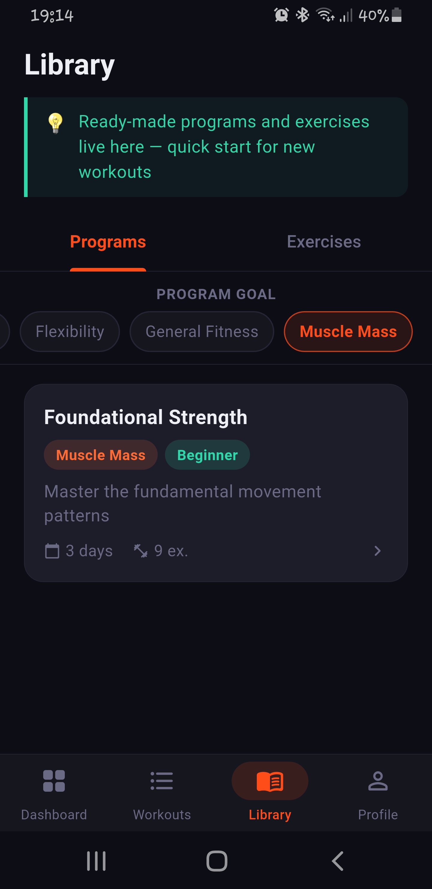 Workout library with ready-made programs