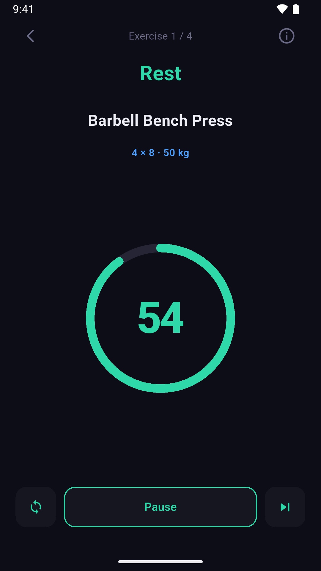 Fitence rest timer counting down between sets, readable from across the room