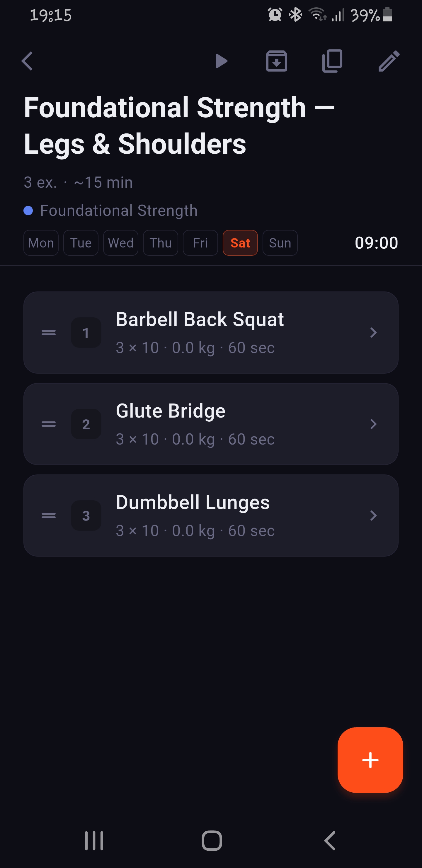 Workout detail with exercises, sets and reps