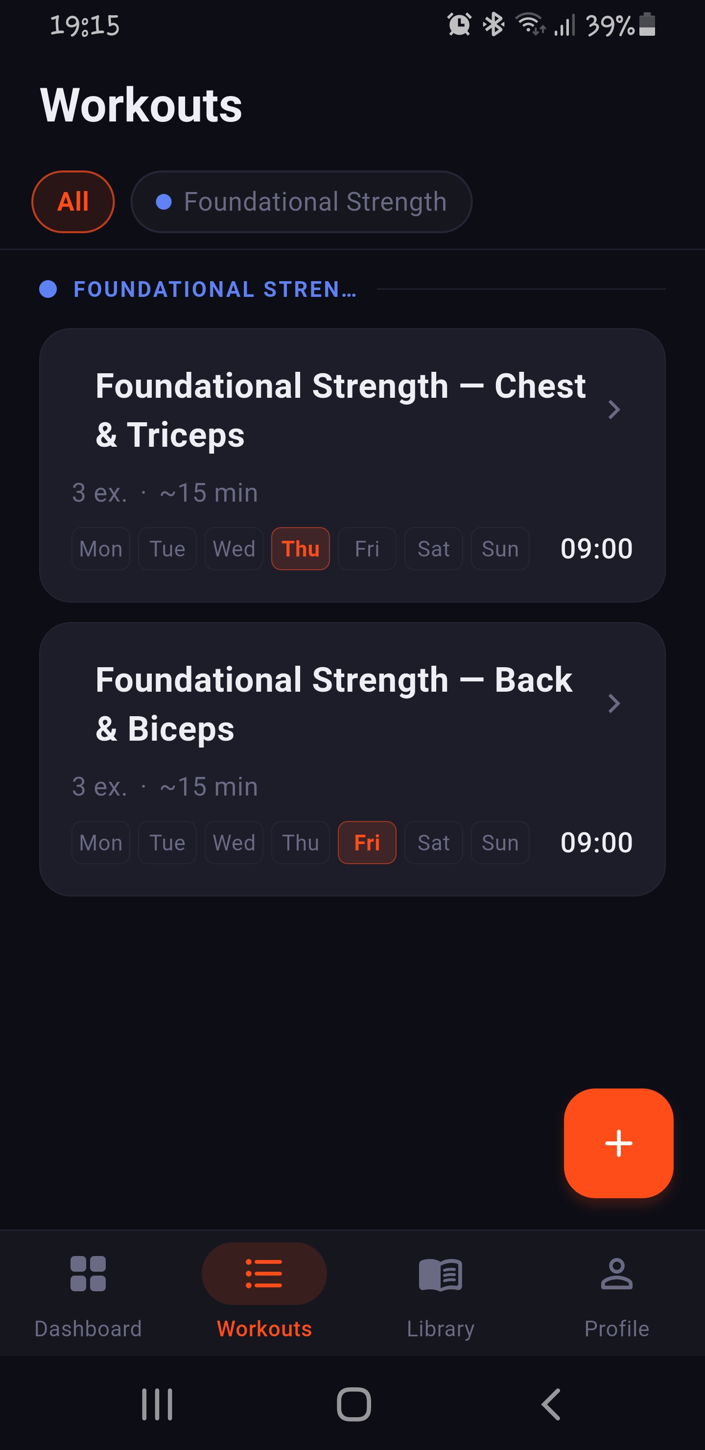 Workout list in Fitence