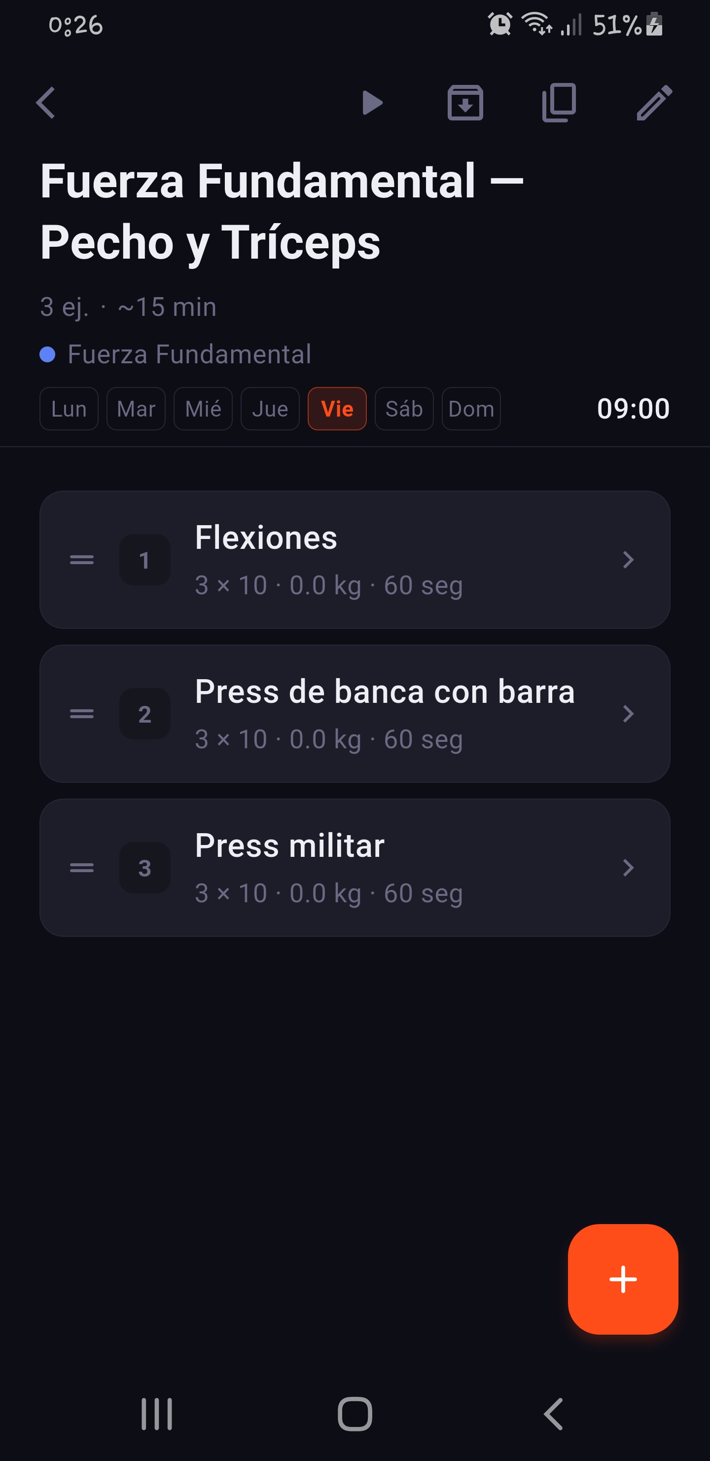 Workout detail with exercises, sets and reps