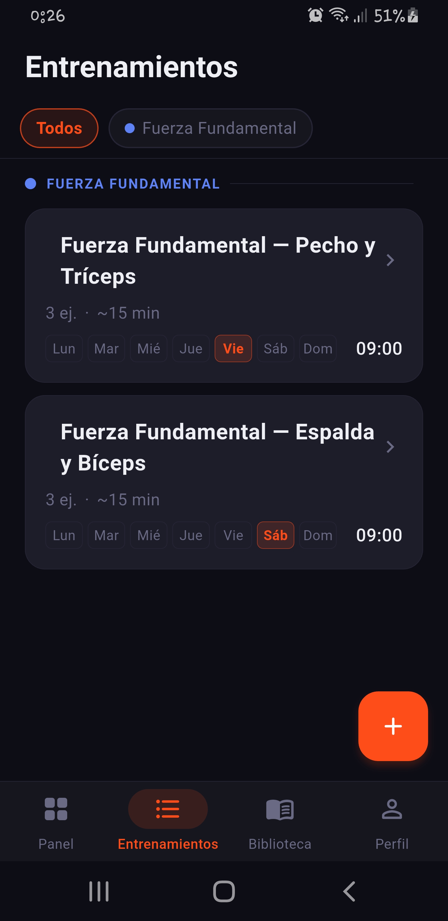 Workout list in Fitence