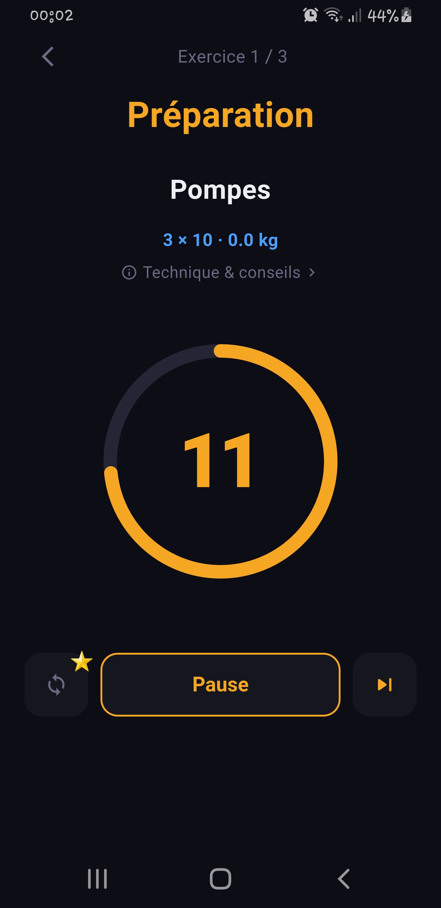 Fitence workout prepare screen with set countdown