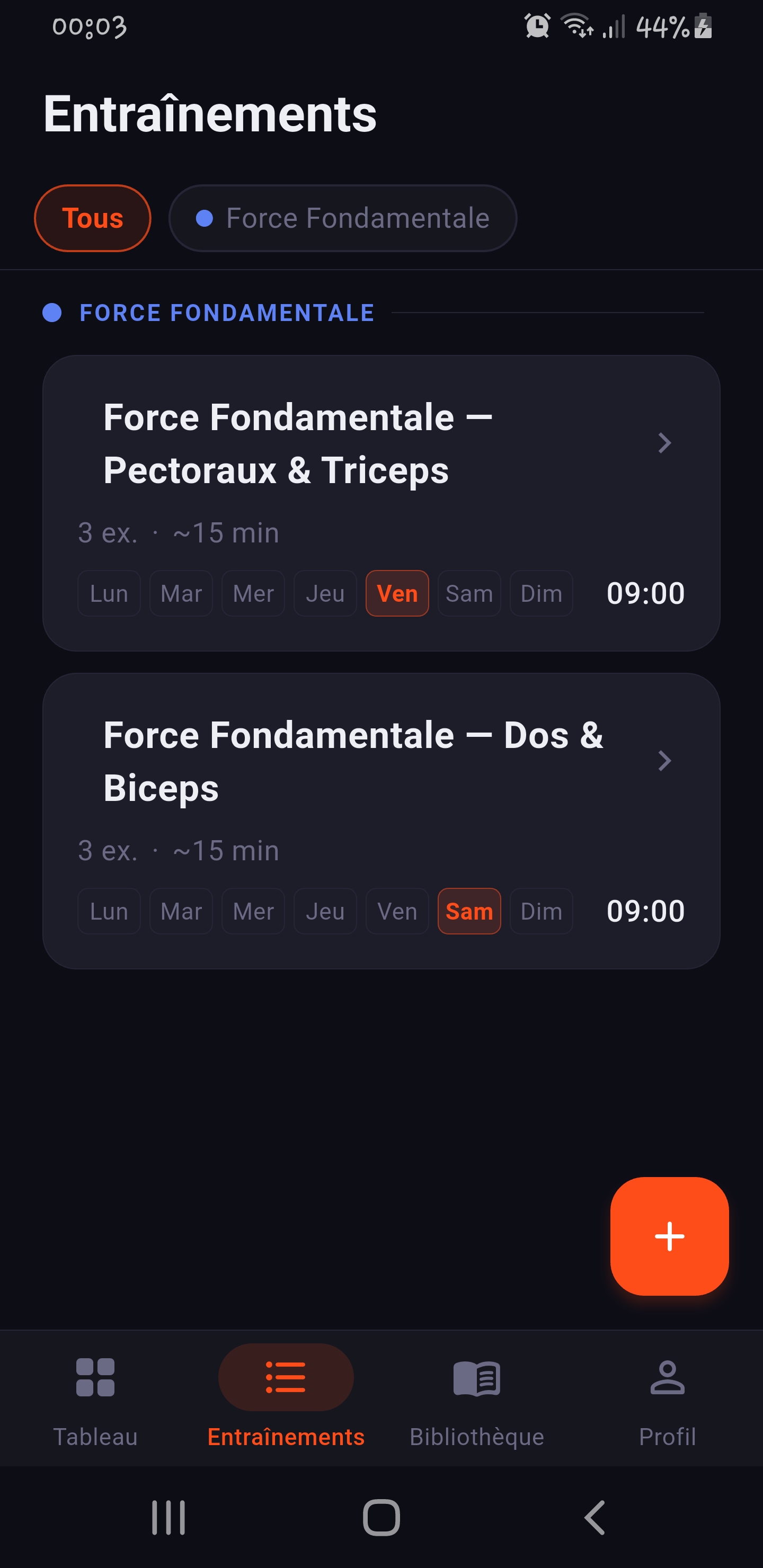 Workout list in Fitence