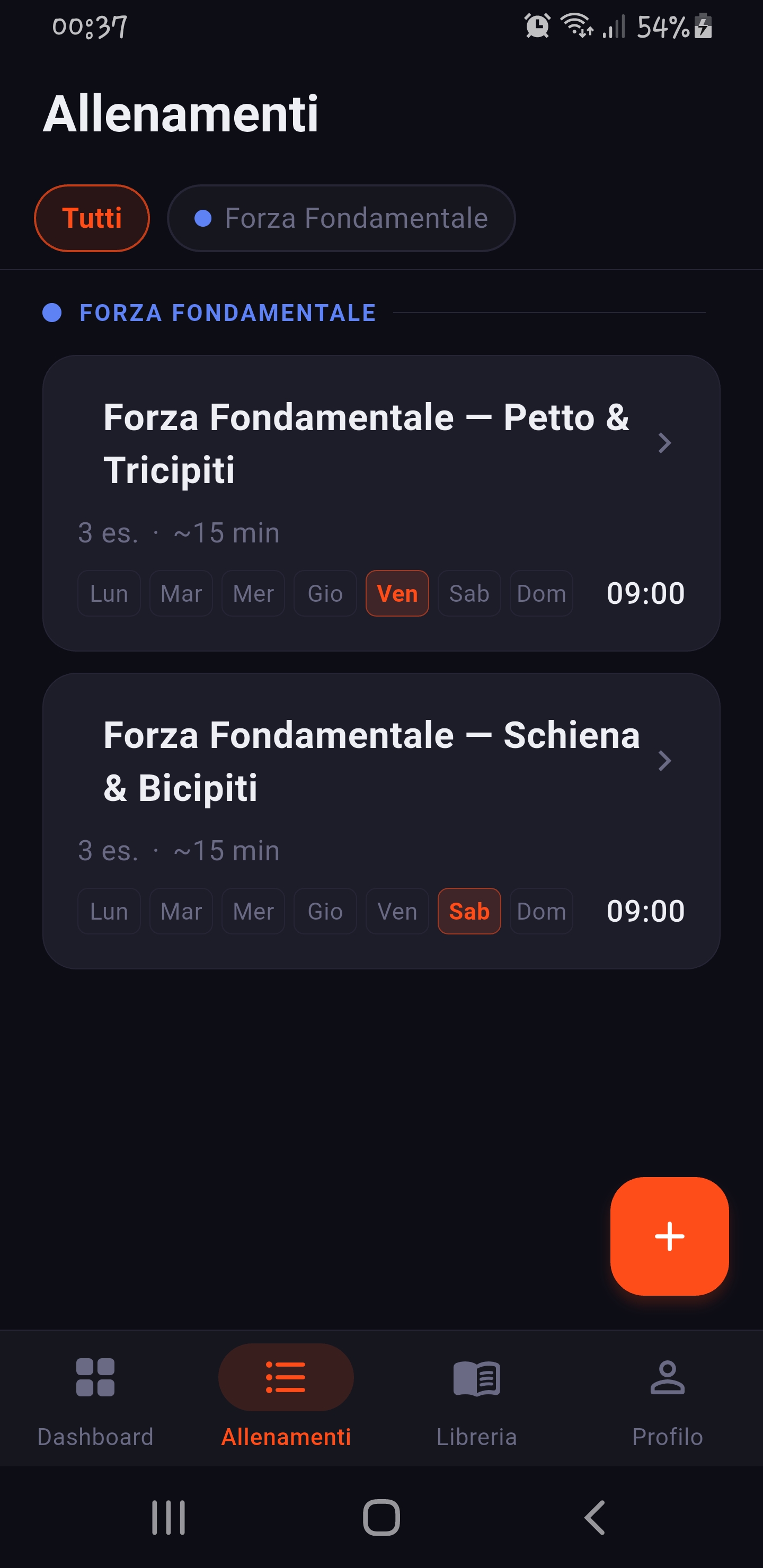 Workout list in Fitence